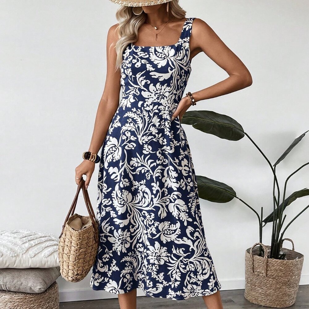 Blue Boho Women's Floral Square Neck Sleeveless Midi Dress - Picture 4 of 7